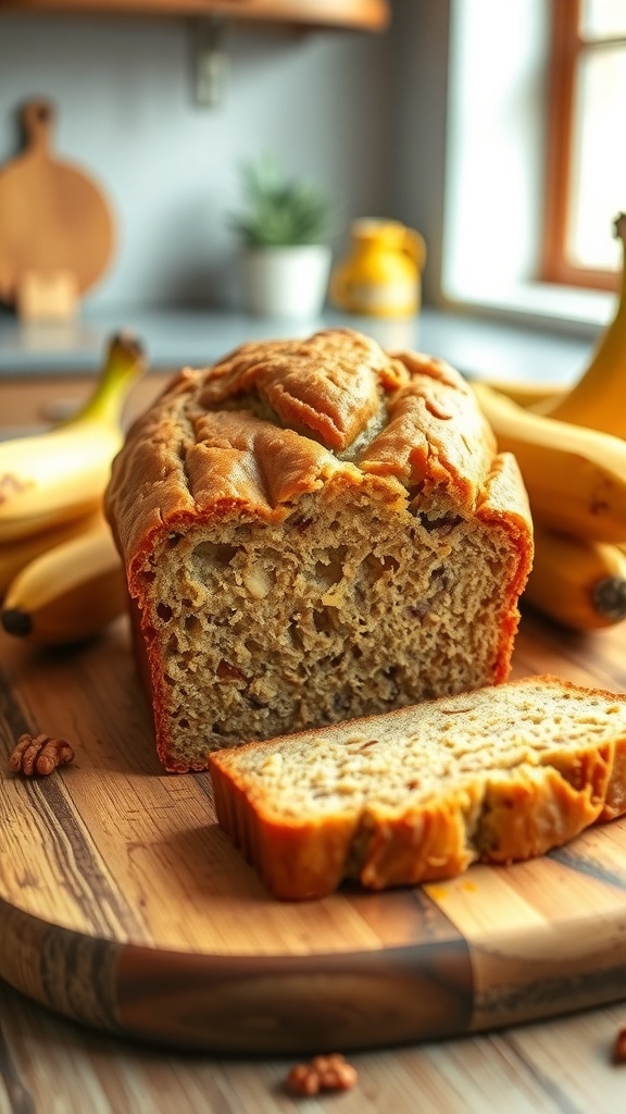 A loaf of gluten-free banana bread on a cutting board with ripe bananas and walnuts.